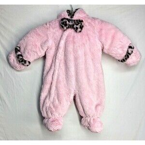 Rothschild Girls 0/6 Mos Pink Snowsuit Winter One piece Full Zip leopard trim